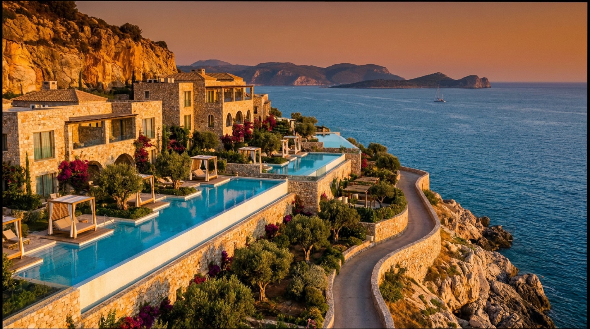 Hotel di lusso sulla costa mediterranea al tramonto