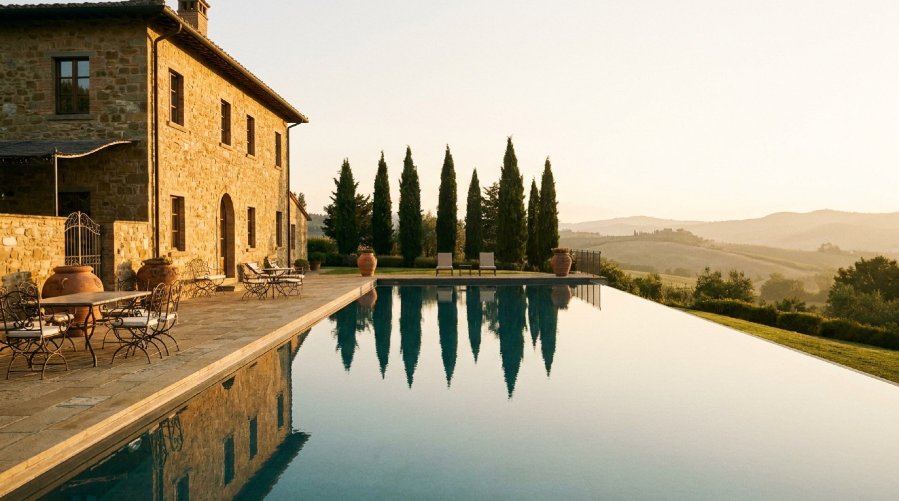 Villa di lusso con piscina a sfioro al tramonto